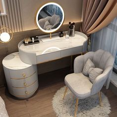 a bedroom with a vanity, chair and round mirror