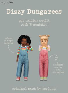 two children wearing overalls and striped shirts with the words dizzy dunggares on them