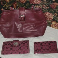 Nwot Wine Colored Leather Coach Purse With Matching Wallet And Checkbook Holder. This Is A Beautiful Set. Coach Leather Bags With Card Slots, Coach Leather Bifold Bag, Coach Red Bifold Wallet, Red Coach Leather Wallet, Red Coach Wallet With Interior Card Slots, Red Coach Wallets With Interior Card Slots, Luxury Burgundy Wallet For Everyday Use, Red Leather Coach Wallet, Coach Burgundy Shopping Bags