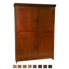 a wooden cabinet with four doors and five different color options on the bottom half side