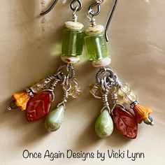 “Tropical Punch” - Dangle Earrings Hand Created - Once Again Designs By Vicki Lynn Limited Edition Earrings Featuring Vintage Repurposed Glass Tube Beads With Fun Czech Glass Flowers And Leaves. This Pair: - Repurposed Vintage Glass Beads. - New Czech Glass Flower And Leaf Beads. - Tierracast Niobium Hypoallergenic Gray French Hook Ear Wires With Sterling Silver Bead. - Length: Just Slightly Over 2-1/4” From Top Of Ear Wire To Longest Bead Drop. - Packaged In A Handmade Drawstring Pouch In A Com Eclectic Earrings, Czech Beads Jewelry, Czech Glass Jewelry, Leaf Beads, Goth Earrings, Beading Inspiration, Tropical Punch, Bling Earrings, Bead Projects