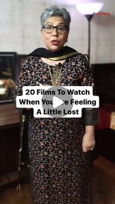 an older woman standing in front of a tv with the caption 20 films to watch when you're feeling a little lost