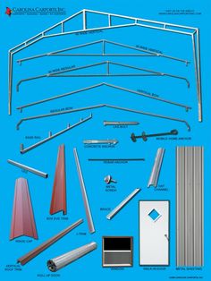 an image of various metal parts and components for the roofing system on a blue background