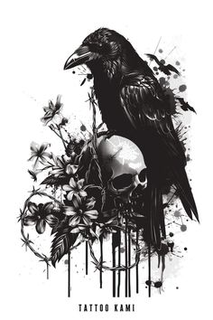 a black crow sitting on top of a skull next to flowers and skulls in the background