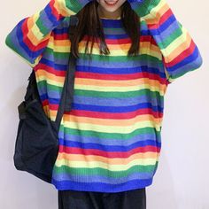 Round Neck Rainbow Stripe Pullover Sweater Rainbow Stuff, Rainbow Style, Tie Dye Rainbow, Rainbow Outfit, Dark Outfits, Color Rainbow, Paramore, Kawaii Clothes, Coraline