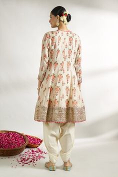 Ivory short paneled anarkali with all-over floral jaal prints, gota, gold thread and sequins butti embroidered yoke, sleeves and borders. Comes with dhoti pant and sequin butti embroidered net dupatta. - Aza Fashions Cream Sets With Printed Motifs For Festivals, Cream Festival Sets With Printed Motifs, Cream Anarkali Salwar Kameez With Printed Motifs, Cream Anarkali Set With Printed Motifs For Festive Occasions, Festive Cream Anarkali Set With Printed Motifs, Anarkali Sets With Printed Motifs In Cream, White Anarkali Churidar With Block Print, Traditional Off White Anarkali Set With Printed Motifs, Traditional Off-white Anarkali Set With Printed Motifs