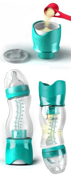 the baby bottle is being used as a sippy cup with spoons in it