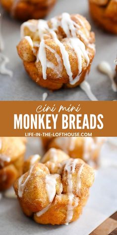 there are many small monkey breads with icing on them and in the middle