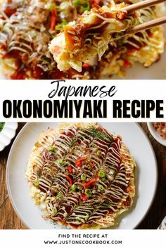 japanese okonomyak recipe on a white plate with chopsticks in it