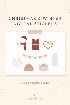 the christmas and winter digital stickers are displayed in front of a white background with snowflakes