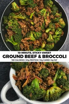 two pictures showing the process of making beef and broccoli in a skillet