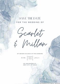 save the date card for a wedding in blue and white with watercolor swirls