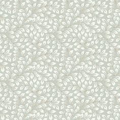 a gray and white wallpaper with small leaves on the top, in an ornate pattern