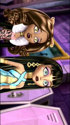 two cartoon dolls are standing next to each other in front of a purple background and one is looking at the camera