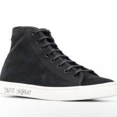 Saint Laurent Malibu High-Top Sneakers, Black Cotton, Front Lace-Up Fastening, Round Toe, Flat Rubber Sole, Logo To The Outside, Composition Sole: Rubber 100%, Outer: Cotton 100%,Lining: Cotton 100%, Nwb “Authentic”Shoe Dust Pouch Included Designer High-top Sneakers With Contrast Sole, Luxury Lace-up High-top Sneakers With Vulcanized Sole, Designer Black High-top Sneakers With Vulcanized Sole, Luxury Suede High-top Sneakers With Round Toe, Black Suede High-top Sneakers With Vulcanized Sole, Black Suede High-top Sneakers With Textured Sole, Designer High-top Sneakers With Vulcanized Sole, Designer Suede Lace-up Sneakers, Luxury High-top Sneakers With Vulcanized Sole