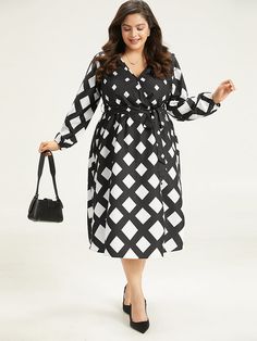 Geometric Print Belted Lantern Sleeve Dress