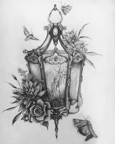 a drawing of a chair with flowers and butterflies around it