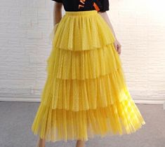 Yellow Tulle Party Skirt, Yellow Long Ruffled Skirt, Yellow Pleated Skirt For Party, Yellow Ruffled Long Skirt, Yellow Flowy Tiered Skirt, Yellow Tiered Ruffled Skirt, Yellow Lined Tiered Skirt, Yellow Tiered Lined Skirt, Yellow Tiered Skirt