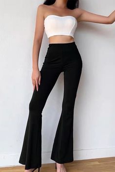 black flared trousers, high waisted flare pants, black flare pants outfit ideas, y2k style, boogzel Casual High-stretch Flare Bottoms, Casual Flare High Stretch Bottoms, Casual Flare Bottoms With High Stretch, Casual Flare Bottoms In Solid Color, Casual Flare Pants For Night Out, High Stretch Solid Pants For Spring, High Stretch Flare Pants For Spring, Fitted Flare Bottoms, Fitted Flare Bottoms In Solid Color