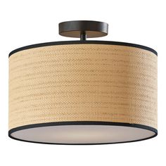 a light fixture with a woven shade on the bottom and black trim around the drum