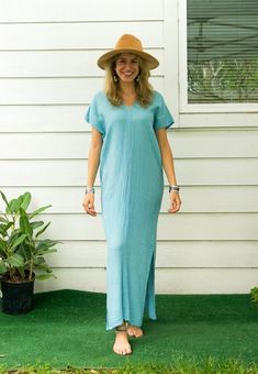 "* Bohemian Style Dress  * One Size Fits Most (US Women's S-2XL) * Organic Double Gauzed Muslin Cotton * Bust up to 55\" * Length with Hem 50\" * Suitable for any occation * Great gift for yourself or your loved ones" Cotton V-neck Maternity Dress, Cotton V-neck Maxi Dress, Solid Cotton Maxi Dress For Beach, Solid Cotton Maxi Dress With Flowy Fit, Solid Cotton Flowy Maxi Dress, Flowy Solid Cotton Maxi Dress, Flowy Cotton Maxi Dress In Solid Color, Blue Cotton Maxi Dress For Loungewear, Bohemian Style Dresses