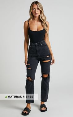 Billie Jeans - High Waisted Cotton Distressed Mom Denim Jeans in Black Wash | Showpo USA Edgy Ripped Fitted Jeans, Edgy Ripped Washed Black Jeans, Ripped Washed Black Bottoms For Fall, Washed Black Ripped Bottoms For Fall, Fall Ripped Washed Black Bottoms, Trendy Black Cutoff Jeans, Edgy High Rise Jeans For Fall, Chic Ripped Jeans For Streetwear, Edgy Straight Leg Jeans For Night Out