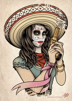 Sam Phillips Illustration — Pistola Girl Day Of The Dead Girl Tattoo, Calaveras Art, Azteca Tattoo, Day Of The Dead Mask, Day Of The Dead Girl, Sam Phillips, Sugar Skull Artwork, Mexican Day Of The Dead, Sailor Jerry Tattoos