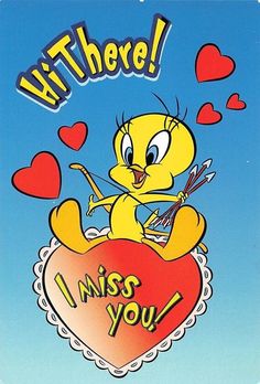 a cartoon character holding a heart with the words i miss you