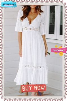 Women's Swing Dress Midi Dress - Half Sleeve Solid Colored Summer Spring & Summer V Neck Hot Beach Vacation Dresses Flare Cuff Sleeve White / Sexy White Dresses White Hollow Out Dress For Beach Season, V-neck Lace Patchwork Dresses For Vacation, Beach Fitted Midi Dress With Lace Trim, Fitted Beach Midi Dress With Lace Trim, White Non-stretch Maxi Dress For Vacation, Spring Beach Dress With Hollow Out Details, Fitted Hollow Out Maxi Dress For Summer, Bohemian White Maxi Dress With Hollow-out Details, Spring Hollow Out Beach Dress