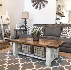 a living room filled with furniture and a large clock on the wall above it's coffee table