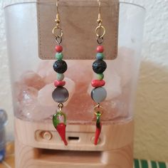 Handmade Multi Stone Beaded Chili Pepper Dangle Earrings So Cute. Smoke Pet Sick Free Home Comes With Abalone Shell Circle Beads. Abalone Shell Is Said To Enhance Feelings Of Peace, Compassion And Love. Comes With Black Lava Stone Beads. Lava Stone Is Know For Is Grounding And Calming Healing Properties. Comes With Matte Reconstituted Red Kynanite Stone Beads. Kyanite Will Push The Strength That's In Your Mind Down To Your Entire Body Which Will Lead To Eventual Balance Within Yourself. Comes Wi Casual Handmade Beaded Dangle Earrings, Casual Multicolor Dangle Jewelry, Nickel-free Casual Beaded Earrings For Gift, Nickel Free Casual Beaded Earrings For Gift, Casual Nickel-free Beaded Earrings As Gift, Casual Nickel-free Beaded Earrings For Gift, Handmade Red Casual Earrings, Handmade Casual Beaded Earrings, Casual Beaded Earrings Gift