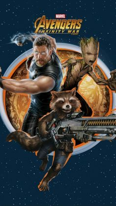 the avengers movie poster with rocket raccoon and baby grooter on it