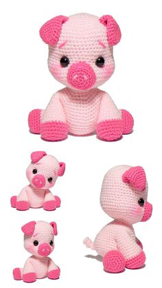 crocheted pink pig stuffed animal with four different poses on white background for display