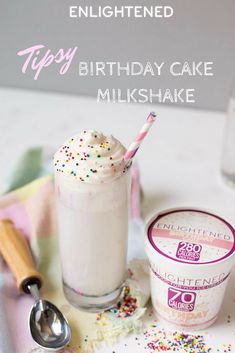 birthday cake milkshake with sprinkles and ice cream on the table