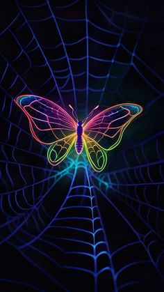 a colorful butterfly sitting on top of a web covered in spiderweaves and neon lights