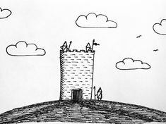 a drawing of a castle on top of a hill with clouds in the sky above