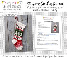 a christmas stocking pattern for a snow tree knitted stockings with instructions on the bottom