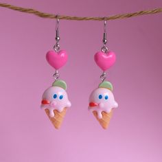 Amorous Ice Creams that want to get up close and personal with your ears 5cm in size.   Made from resin with stainless steel hooks. Playful Plastic Dangle Jewelry, Pink Resin Novelty Earrings, Cute Resin Dangle Jewelry, Cute Dangle Resin Jewelry, Pink Resin Kawaii Earrings, Handmade Novelty Plastic Jewelry, Novelty Pink Resin Jewelry, Handmade Plastic Dangle Jewelry, Fun Plastic Earrings For Gifts