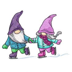 two gnomes holding hands and walking in the snow with one wearing a purple hat