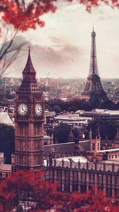 the big ben clock tower towering over the city of london, england with red flowers in foreground