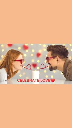 a man and woman with heart shaped glasses looking at each other while the words celebrate love are