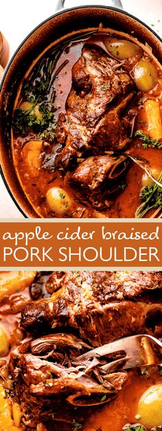 an apple cider braised pork shoulder roast with potatoes and herbs in a pot