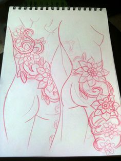 a drawing of two women with flowers on their arms and legs, in red ink