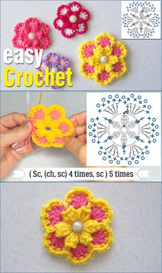 crochet flowers are shown with instructions to make them