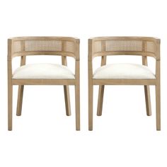 a pair of wooden chairs with white upholstered seat cushions and backrests