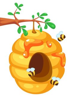 a beehive hanging from a tree branch with bees around it