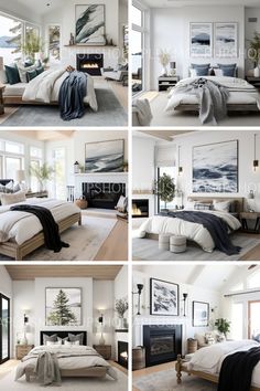 four different pictures of a bedroom with white walls