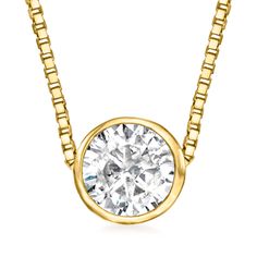 Ross-Simons - .33 Carat Bezel-Set Diamond Necklace in 14kt Yellow Gold. 18". This divine diamond essential will lead a long life in your jewelry box. The stunning .33 carat round brilliant-cut diamond scintillates as it's highlighted by the shine of a polished 14kt yellow gold bezel setting. Necklace suspends from a box chain. Springring clasp, bezel-set diamond necklace. Diamond birthstones are the perfect gift for April birthdays. Classic Yellow Gold Solitaire Necklace With Single Cut Diamonds, Anniversary Yellow Gold Solitaire Necklace Vvs Clarity, Anniversary Vvs Clarity Yellow Gold Solitaire Necklace, Dazzling Yellow Gold Round Solitaire Necklace, Classic 14k Gold Solitaire Necklace With Single Cut Diamonds, Timeless Yellow Gold Solitaire Necklace With Round Stone, Round Solitaire Diamond Necklace In Yellow Gold, Round Diamond Cut Yellow Gold Solitaire Necklace, Classic Round Cut Diamond Necklace With Bezel Setting