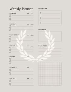 a printable weekly planner with a wreath on the front and two lines in the middle