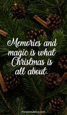 pine cones and cinnamon sticks with the words memories and magic is what christmas is all about